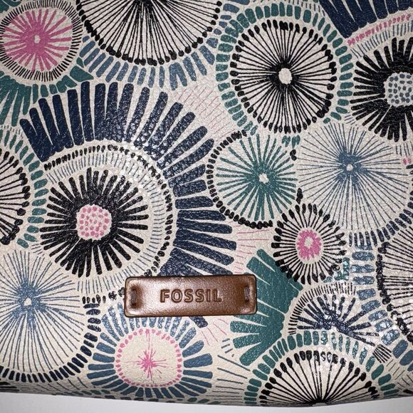 Fossil Faux Leather Blue Starburst Pattern Crossbody Bag Purse Medium Zip Top - Picture 3 of 16